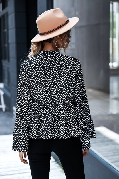 Women's Fashion V Neck Polka Dot Long Sleeve Shirt Elegant Top