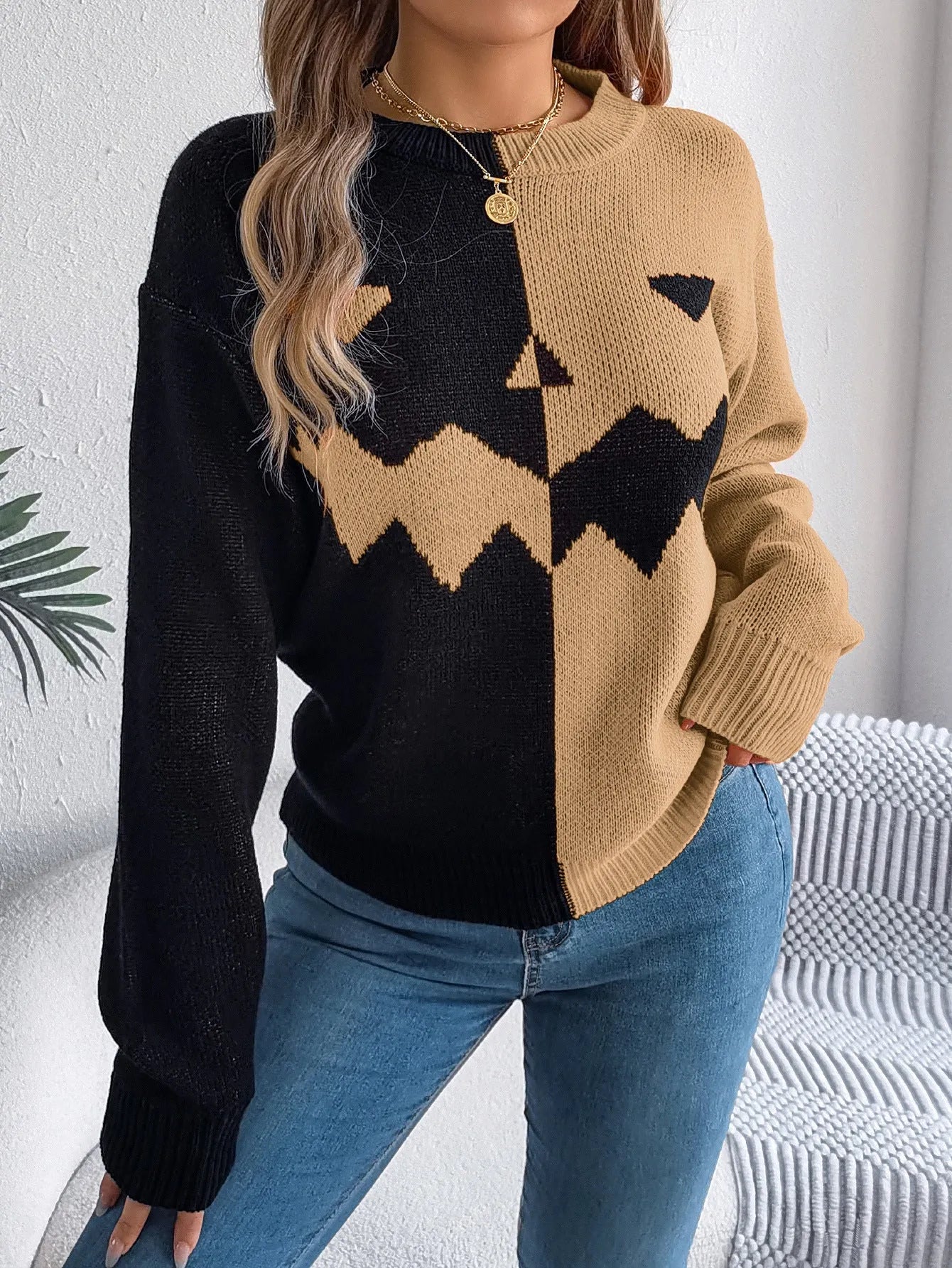 Halloween Pullover Sweater Contrast-color Pullover Sweater Fashion Long Sleeve Knitted Tops For Womens Clothing