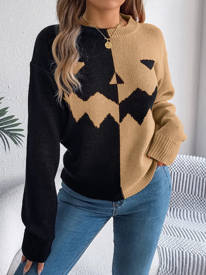 Halloween Pullover Sweater Contrast-color Pullover Sweater Fashion Long Sleeve Knitted Tops For Womens Clothing