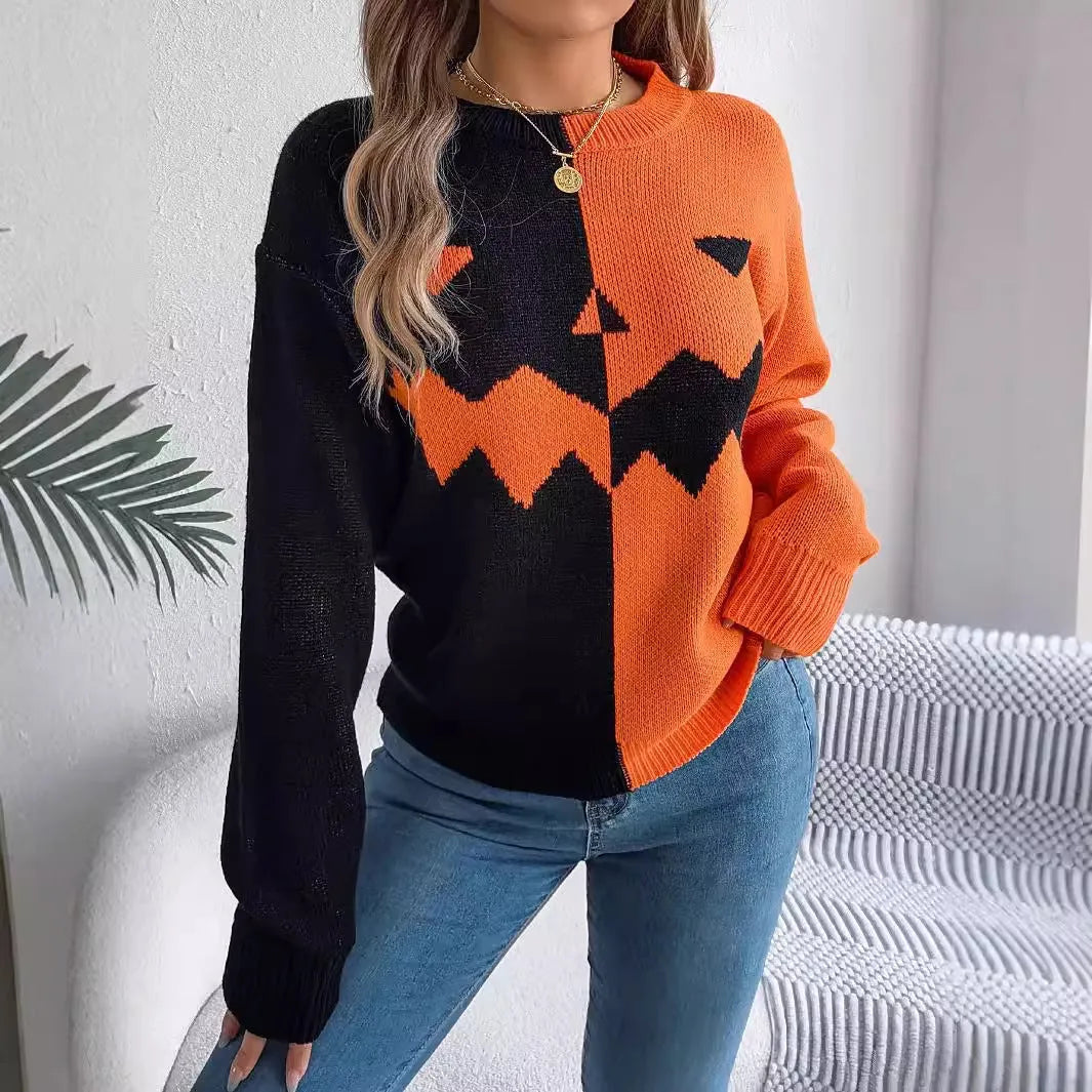 Halloween Pullover Sweater Contrast-color Pullover Sweater Fashion Long Sleeve Knitted Tops For Womens Clothing