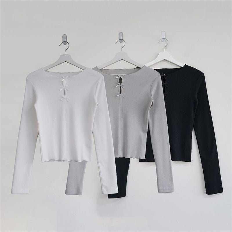 Round Neck Shirt Spring New Women's Solid Color Round Neck Hollow Bow Knitted Top