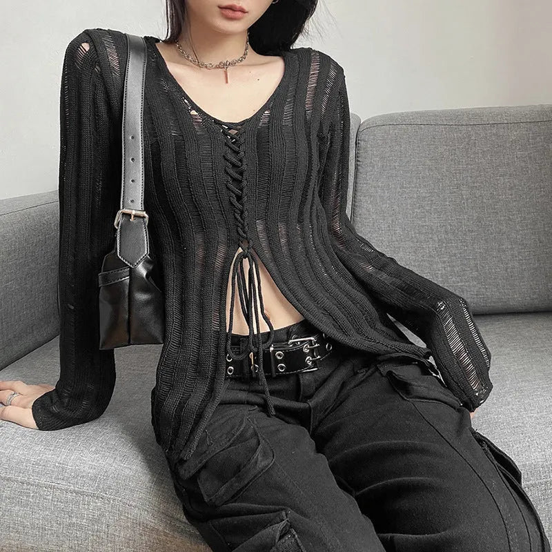 V-neck Top Sweater Women's Solid Color Loose Street Fashion V-neck Top