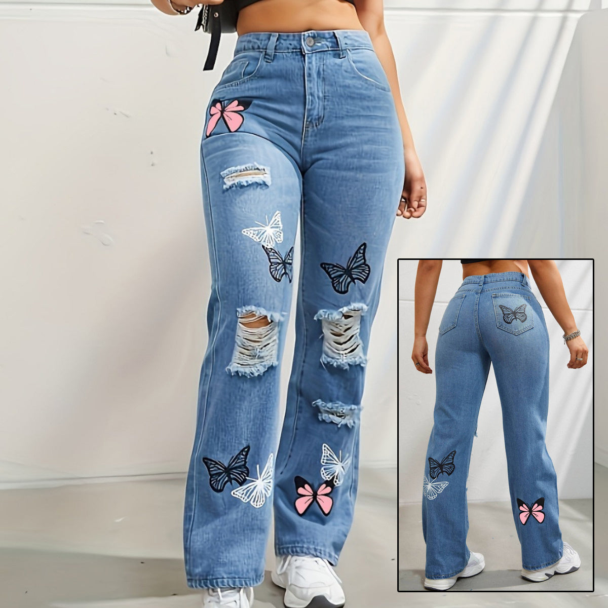 Denim Pants High Waisted Straight Leg Jeans For Women Trendy Butterfly Print Ripped Distressed Denim Pants