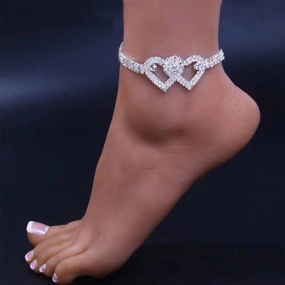 Double Heart Anklet Bracelet Love Barefoot Chain Bling Crystal Ankle Bracelet US - sumet.shop